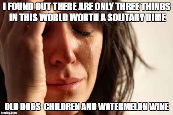 First World Problems Meme | I FOUND OUT THERE ARE ONLY THREE THINGS IN THIS WORLD WORTH A SOLITARY DIME; OLD DOGS  CHILDREN AND WATERMELON WINE | image tagged in memes,first world problems | made w/ Imgflip meme maker