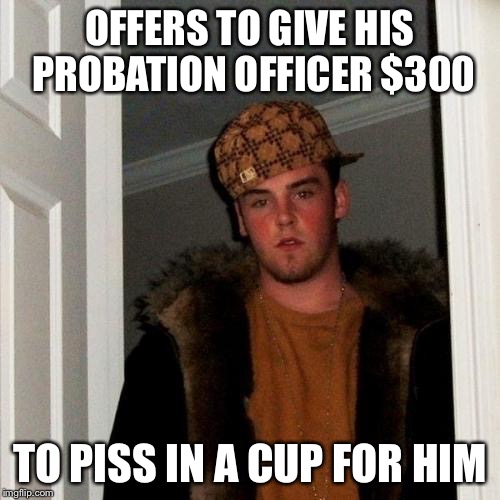 Scumbag Steve | OFFERS TO GIVE HIS PROBATION OFFICER $300; TO PISS IN A CUP FOR HIM | image tagged in memes,scumbag steve | made w/ Imgflip meme maker