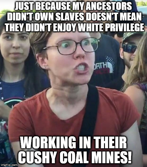 super_triggered | JUST BECAUSE MY ANCESTORS DIDN'T OWN SLAVES DOESN'T MEAN THEY DIDN'T ENJOY WHITE PRIVILEGE; WORKING IN THEIR CUSHY COAL MINES! | image tagged in super_triggered | made w/ Imgflip meme maker