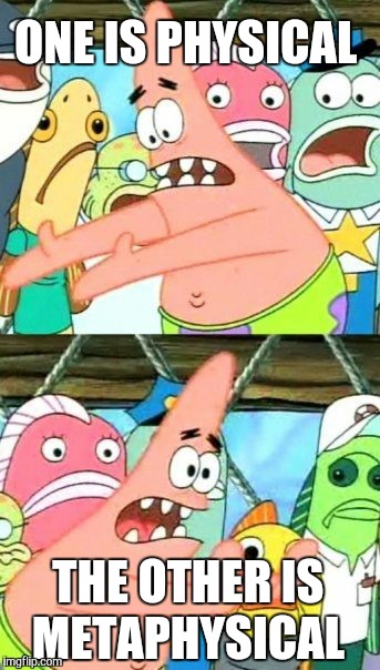 Put It Somewhere Else Patrick Meme | ONE IS PHYSICAL THE OTHER IS METAPHYSICAL | image tagged in memes,put it somewhere else patrick | made w/ Imgflip meme maker