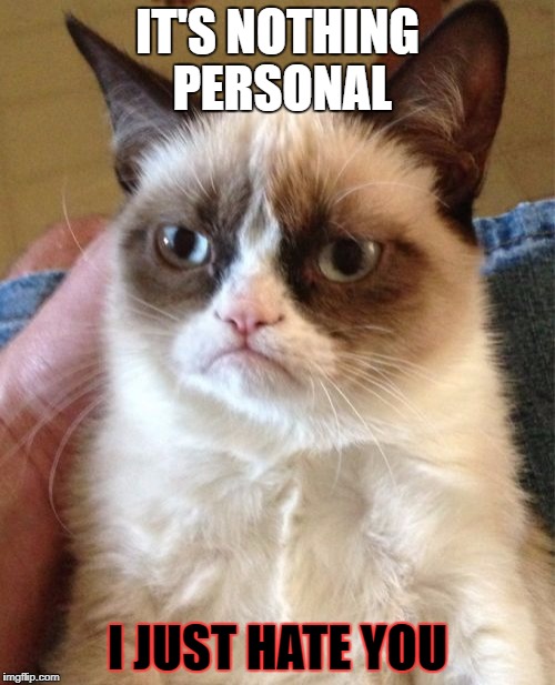 Grumpy Cat | IT'S NOTHING PERSONAL; I JUST HATE YOU | image tagged in memes,grumpy cat | made w/ Imgflip meme maker