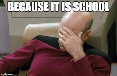Captain Picard Facepalm Meme | BECAUSE IT IS SCHOOL | image tagged in memes,captain picard facepalm | made w/ Imgflip meme maker