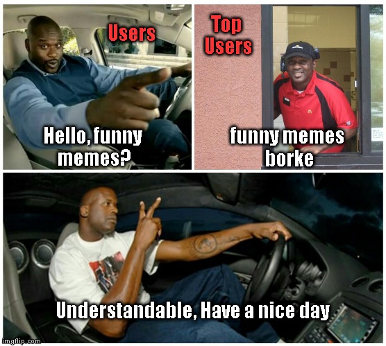 This Website in a Nutshell #2 | Users; Top Users; funny memes borke; Hello, funny memes? Understandable, Have a nice day | image tagged in shaq machine broke,memes | made w/ Imgflip meme maker
