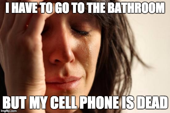 First World Problems Meme | I HAVE TO GO TO THE BATHROOM; BUT MY CELL PHONE IS DEAD | image tagged in memes,first world problems | made w/ Imgflip meme maker