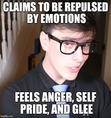 Smug Logan | CLAIMS TO BE REPULSED BY EMOTIONS; FEELS ANGER, SELF PRIDE, AND GLEE | image tagged in thomas sanders,logic,sly,smug | made w/ Imgflip meme maker