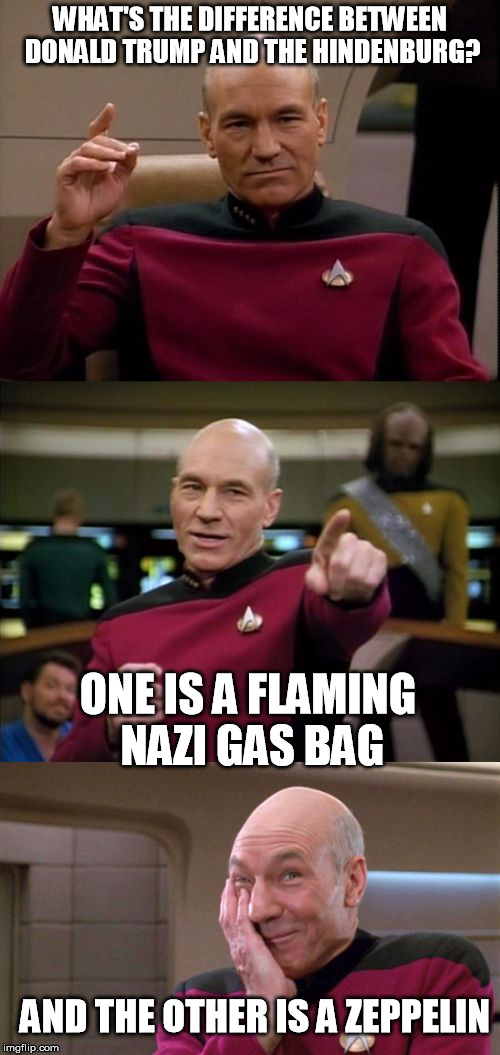 At least he's not sHrillary | WHAT'S THE DIFFERENCE BETWEEN DONALD TRUMP AND THE HINDENBURG? ONE IS A FLAMING NAZI GAS BAG; AND THE OTHER IS A ZEPPELIN | image tagged in bad pun picard,donald trump,nazis,hindenburg,zeppelin | made w/ Imgflip meme maker