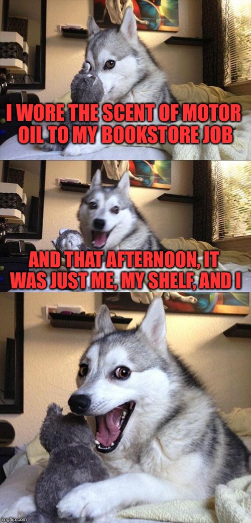 Bad Pun Dog Meme | I WORE THE SCENT OF MOTOR OIL TO MY BOOKSTORE JOB; AND THAT AFTERNOON, IT WAS JUST ME, MY SHELF, AND I | image tagged in memes,bad pun dog | made w/ Imgflip meme maker
