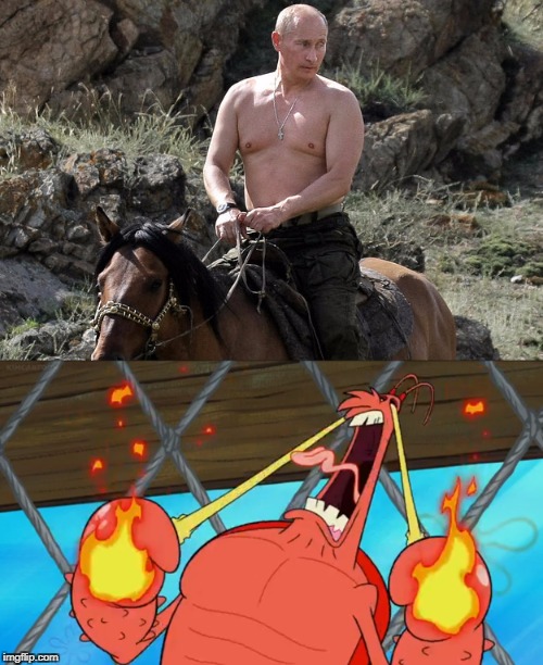 Larry can't handle seeing Vladimir Putin topless | image tagged in vladimir putin,spongebob squarepants,larry the lobster | made w/ Imgflip meme maker