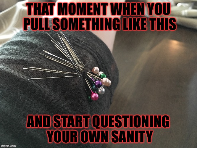 18 pins and I'm wondering how I didn't prick myself. | THAT MOMENT WHEN YOU PULL SOMETHING LIKE THIS; AND START QUESTIONING YOUR OWN SANITY | image tagged in sewing,pins,sanity | made w/ Imgflip meme maker
