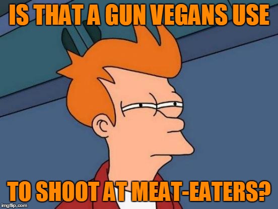 Futurama Fry Meme | IS THAT A GUN VEGANS USE TO SHOOT AT MEAT-EATERS? | image tagged in memes,futurama fry | made w/ Imgflip meme maker