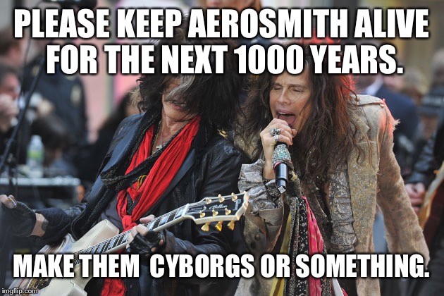 Aerosmith | PLEASE KEEP AEROSMITH ALIVE FOR THE NEXT 1000 YEARS. MAKE THEM  CYBORGS OR SOMETHING. | image tagged in aerosmith | made w/ Imgflip meme maker