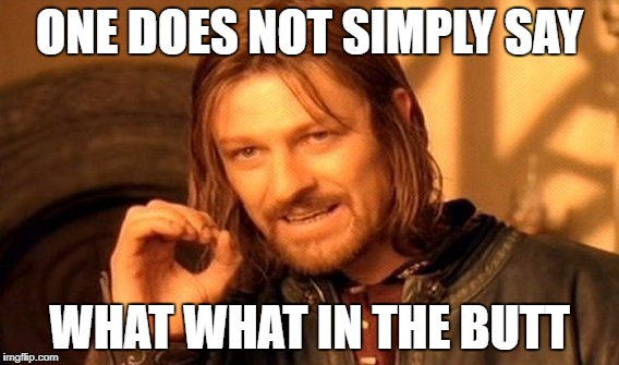 I say what? what? in the butt | ONE DOES NOT SIMPLY SAY; WHAT WHAT IN THE BUTT | image tagged in memes,one does not simply | made w/ Imgflip meme maker