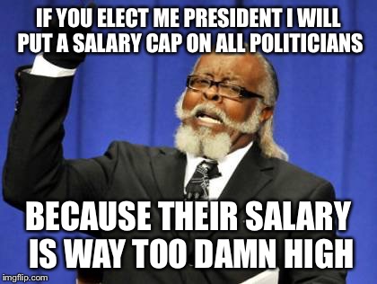 Too Damn High | IF YOU ELECT ME PRESIDENT I WILL PUT A SALARY CAP ON ALL POLITICIANS; BECAUSE THEIR SALARY IS WAY TOO DAMN HIGH | image tagged in memes,too damn high | made w/ Imgflip meme maker