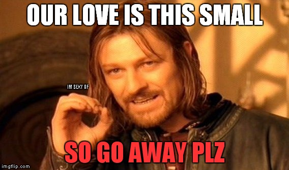One Does Not Simply Meme | OUR LOVE IS THIS SMALL; IM SEXY AF; SO GO AWAY PLZ | image tagged in memes,one does not simply | made w/ Imgflip meme maker