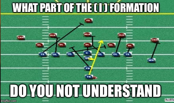 College football  | WHAT PART OF THE ( I ) FORMATION; DO YOU NOT UNDERSTAND | image tagged in football | made w/ Imgflip meme maker