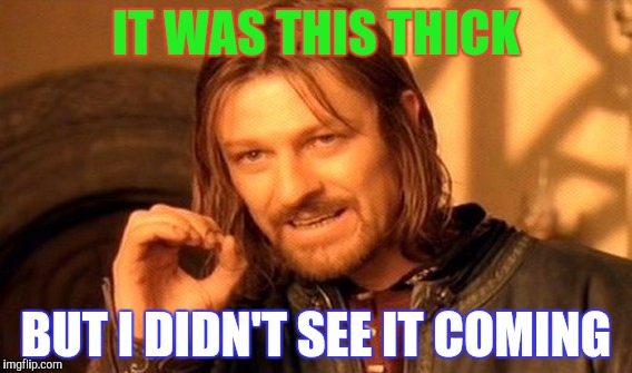 One Does Not Simply Meme | IT WAS THIS THICK; BUT I DIDN'T SEE IT COMING | image tagged in memes,one does not simply | made w/ Imgflip meme maker