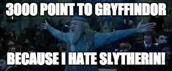Harry Potter | 3000 POINT TO GRYFFINDOR; BECAUSE I HATE SLYTHERIN! | image tagged in harry potter | made w/ Imgflip meme maker