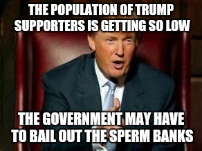 Donald Trump | THE POPULATION OF TRUMP SUPPORTERS IS GETTING SO LOW; THE GOVERNMENT MAY HAVE TO BAIL OUT THE SPERM BANKS | image tagged in donald trump | made w/ Imgflip meme maker