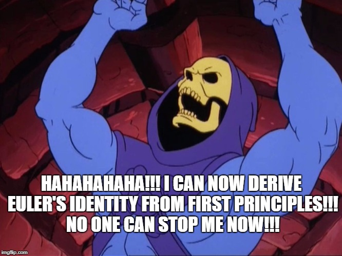 Skeletor | HAHAHAHAHA!!! I CAN NOW DERIVE EULER'S IDENTITY FROM FIRST PRINCIPLES!!! NO ONE CAN STOP ME NOW!!! | image tagged in skeletor | made w/ Imgflip meme maker