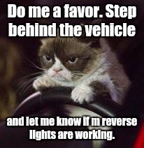 Do me a favor. Step behind the vehicle and let me know if m reverse lights are working. | made w/ Imgflip meme maker