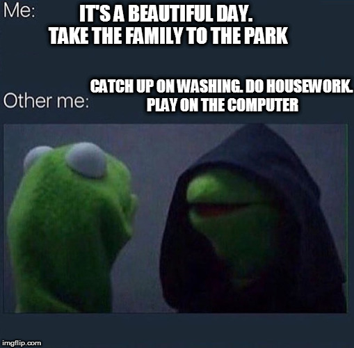 Spring has arrived! | IT'S A BEAUTIFUL DAY. TAKE THE FAMILY TO THE PARK; CATCH UP ON WASHING. DO HOUSEWORK. PLAY ON THE COMPUTER | image tagged in evil kermit,memes,sunshine,housework,decisions decisions,responsible | made w/ Imgflip meme maker