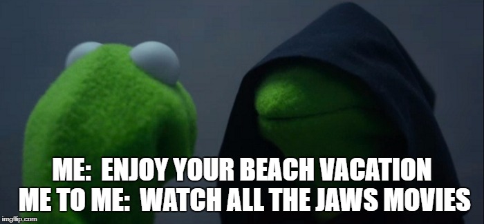 Evil Kermit Meme | ME:  ENJOY YOUR BEACH VACATION ME TO ME:  WATCH ALL THE JAWS MOVIES | image tagged in evil kermit | made w/ Imgflip meme maker