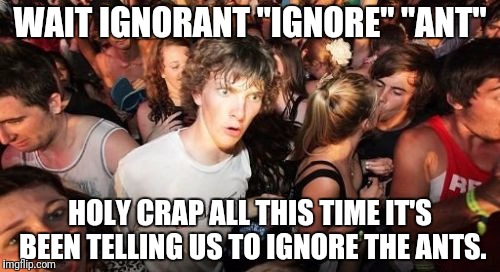 Sudden Clarity Clarence | WAIT IGNORANT
"IGNORE" "ANT"; HOLY CRAP ALL THIS TIME IT'S BEEN TELLING US TO IGNORE THE ANTS. | image tagged in memes,sudden clarity clarence | made w/ Imgflip meme maker
