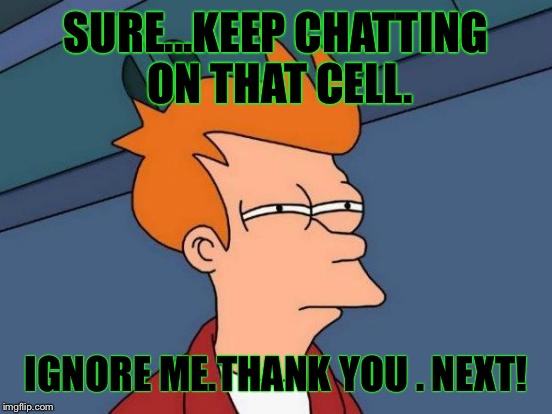 Futurama Fry Meme | SURE...KEEP CHATTING ON THAT CELL. IGNORE ME.THANK YOU . NEXT! | image tagged in memes,futurama fry | made w/ Imgflip meme maker