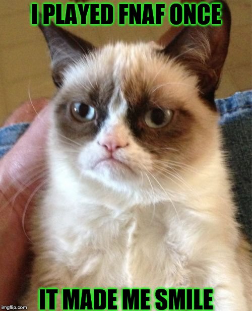 Grumpy Cat Meme | I PLAYED FNAF ONCE; IT MADE ME SMILE | image tagged in memes,grumpy cat | made w/ Imgflip meme maker