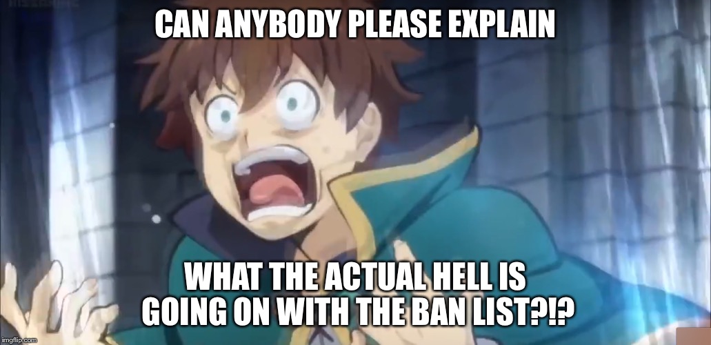 CAN ANYBODY PLEASE EXPLAIN; WHAT THE ACTUAL HELL IS GOING ON WITH THE BAN LIST?!? | image tagged in kazuma tripping balls | made w/ Imgflip meme maker