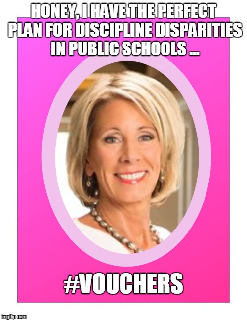 Secretary of Education Betsy Devos | HONEY, I HAVE THE PERFECT PLAN FOR DISCIPLINE DISPARITIES IN PUBLIC SCHOOLS ... #VOUCHERS | image tagged in secretary of education betsy devos | made w/ Imgflip meme maker
