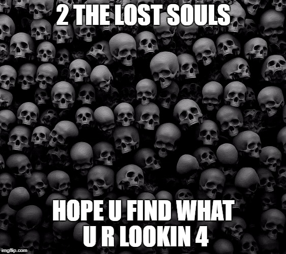 2 THE LOST SOULS; HOPE U FIND WHAT U R LOOKIN 4 | image tagged in skulls,dark souls | made w/ Imgflip meme maker