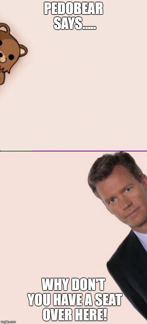 PedoBear and Chris Hansen peek | PEDOBEAR SAYS..... WHY DON'T YOU HAVE A SEAT OVER HERE! | image tagged in pedobear and chris hansen peek | made w/ Imgflip meme maker