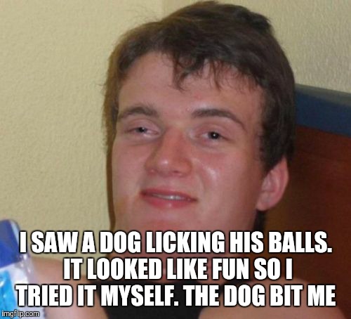 10 Guy Meme | I SAW A DOG LICKING HIS BALLS. IT LOOKED LIKE FUN SO I TRIED IT MYSELF. THE DOG BIT ME | image tagged in memes,10 guy | made w/ Imgflip meme maker