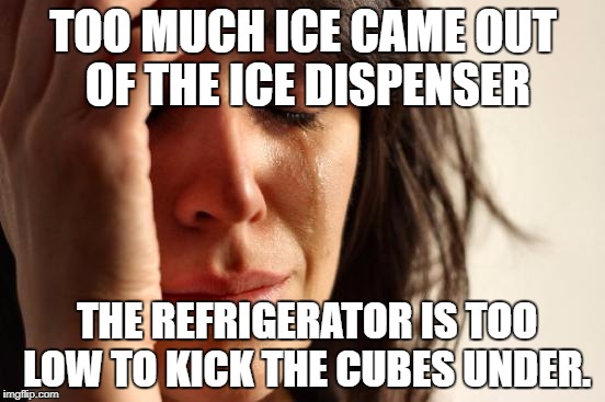 First World Problems Meme | TOO MUCH ICE CAME OUT OF THE ICE DISPENSER; THE REFRIGERATOR IS TOO LOW TO KICK THE CUBES UNDER. | image tagged in memes,first world problems | made w/ Imgflip meme maker