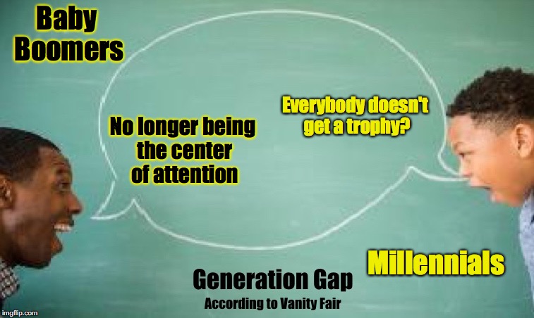 Deepest Fear | Baby Boomers; Everybody doesn't get a trophy? No longer being the center of attention; Millennials | image tagged in vanity fair gen gap | made w/ Imgflip meme maker