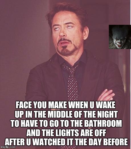 Face You Make Robert Downey Jr | FACE YOU MAKE WHEN U WAKE UP IN THE MIDDLE OF THE NIGHT TO HAVE TO GO TO THE BATHROOM AND THE LIGHTS ARE OFF AFTER U WATCHED IT THE DAY BEFORE | image tagged in memes,face you make robert downey jr | made w/ Imgflip meme maker