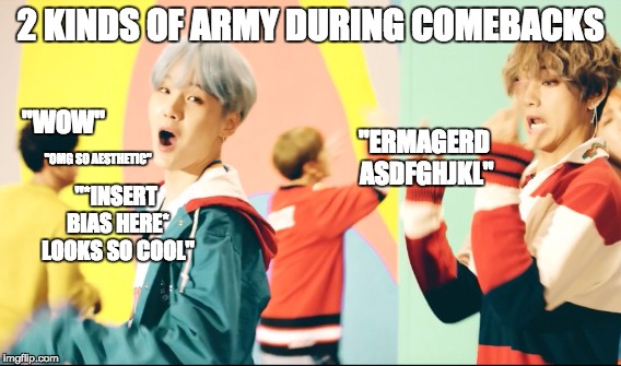 2 Kinds of ARMY During Comebacks | 2 KINDS OF ARMY DURING COMEBACKS; "WOW"; "ERMAGERD ASDFGHJKL"; "OMG SO AESTHETIC"; "*INSERT BIAS HERE* LOOKS SO COOL" | image tagged in bts | made w/ Imgflip meme maker