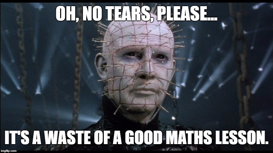 Hellraiser | OH, NO TEARS, PLEASE... IT'S A WASTE OF A GOOD MATHS LESSON. | image tagged in hellraiser | made w/ Imgflip meme maker