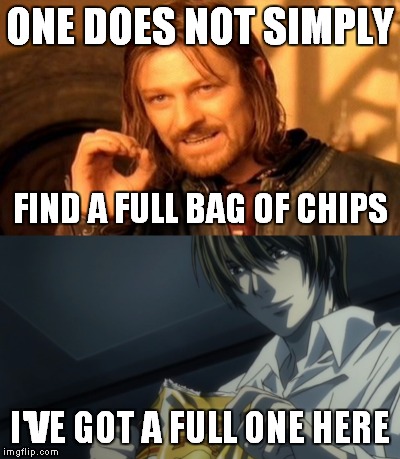 It's not like he has a mini-TV in there so he can kill criminals with magical powers without anyone noticing or anything | ONE DOES NOT SIMPLY; FIND A FULL BAG OF CHIPS; I'VE GOT A FULL ONE HERE | image tagged in memes,death note,anime,potato chips,one does not simply,funny | made w/ Imgflip meme maker