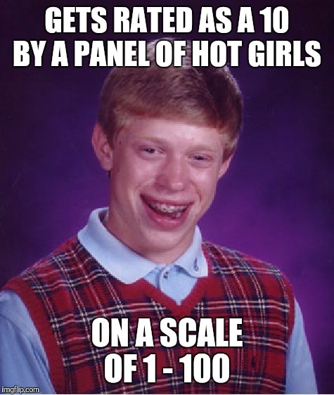 10 can be really good or really bad depending on the scale   | GETS RATED AS A 10 BY A PANEL OF HOT GIRLS; ON A SCALE OF 1 - 100 | image tagged in memes,bad luck brian,jbmemegeek | made w/ Imgflip meme maker