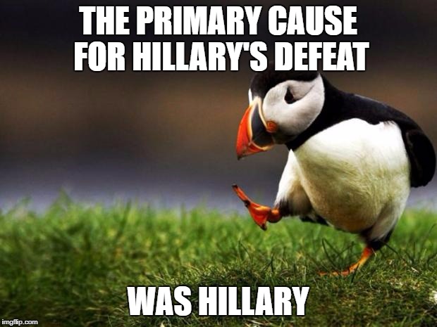 Telling voters that "You're either with me, or you're with the deplorables" was a classic own goal | THE PRIMARY CAUSE FOR HILLARY'S DEFEAT; WAS HILLARY | image tagged in memes,unpopular opinion puffin | made w/ Imgflip meme maker