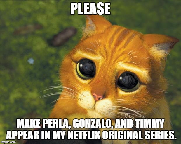 Adventures | PLEASE; MAKE PERLA, GONZALO, AND TIMMY APPEAR IN MY NETFLIX ORIGINAL SERIES. | image tagged in puss in boots | made w/ Imgflip meme maker