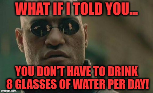 Matrix Morpheus Meme | WHAT IF I TOLD YOU... YOU DON'T HAVE TO DRINK 8 GLASSES OF WATER PER DAY! | image tagged in memes,matrix morpheus | made w/ Imgflip meme maker