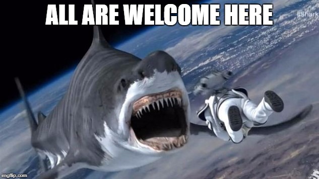 All are welcome here | ALL ARE WELCOME HERE | image tagged in shark | made w/ Imgflip meme maker
