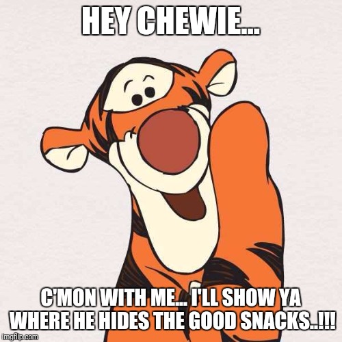 Tigger | HEY CHEWIE... C'MON WITH ME...
I'LL SHOW YA WHERE HE HIDES THE GOOD SNACKS..!!! | image tagged in tigger | made w/ Imgflip meme maker