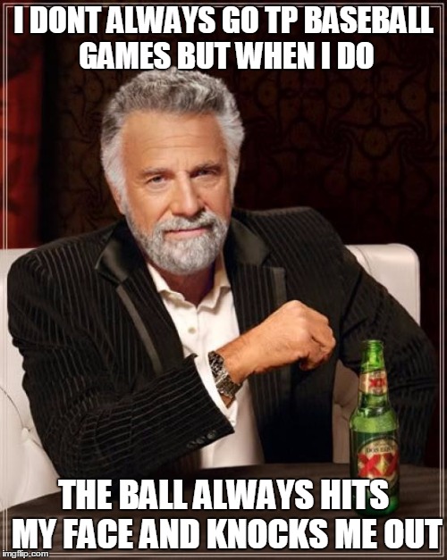 The Most Interesting Man In The World Meme | I DONT ALWAYS GO TP BASEBALL GAMES BUT WHEN I DO; THE BALL ALWAYS HITS MY FACE AND KNOCKS ME OUT | image tagged in memes,the most interesting man in the world | made w/ Imgflip meme maker