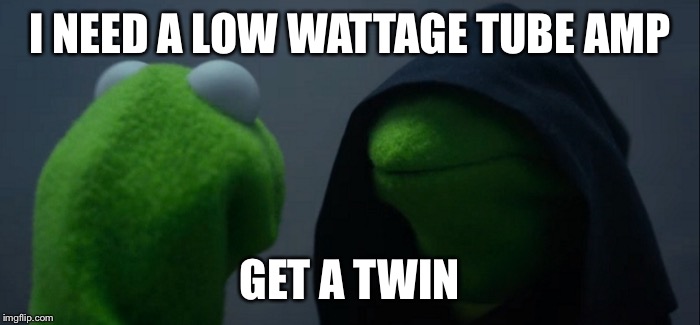 Evil Kermit Meme | I NEED A LOW WATTAGE TUBE AMP; GET A TWIN | image tagged in evil kermit | made w/ Imgflip meme maker