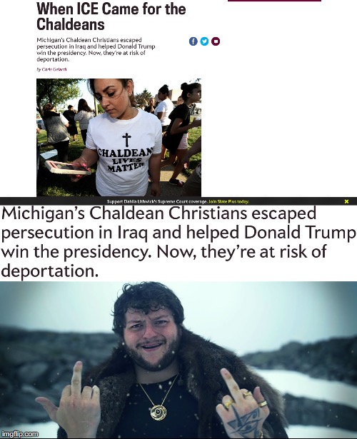Bend the knee, call you a deportee | image tagged in trump,iraq,christianity | made w/ Imgflip meme maker