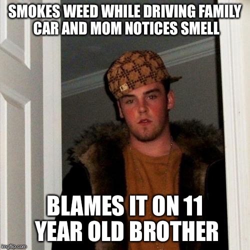 Scumbag Steve Meme | SMOKES WEED WHILE DRIVING FAMILY CAR AND MOM NOTICES SMELL; BLAMES IT ON 11 YEAR OLD BROTHER | image tagged in memes,scumbag steve | made w/ Imgflip meme maker